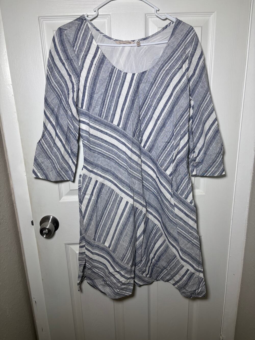Soft Surroundings Sonya Linen Blend BLue and White Stripes Dress Size Petite Sm